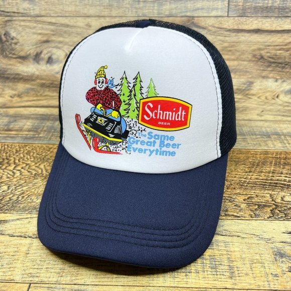 Schmidt Beer Mens Trucker Hat Navy Snapback Vintage Skiing Logo Baseball Cap - Picture 1 of 8